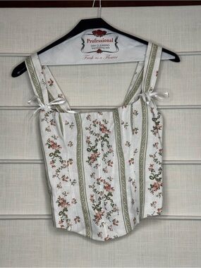 Reformation White Floral Stripe Tie-Shoulder Top